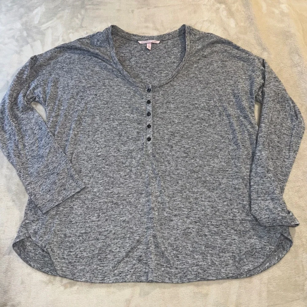 Victoria's Secret Grey Heathered Henley Long Sleeve Pajama Sleep Top Small